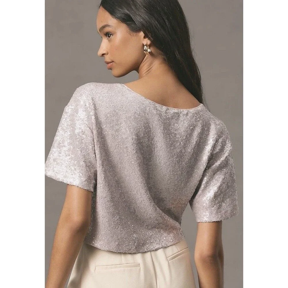 Anthropologie Lilac Sequin Boxy Crop Top - Picture 2 of 10